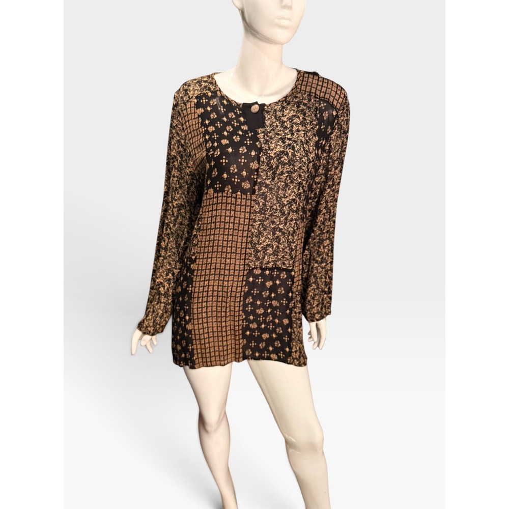 Carole Little Vintage 90s Mixed Patchwork Print Tunic Top Black Gold 12 boho